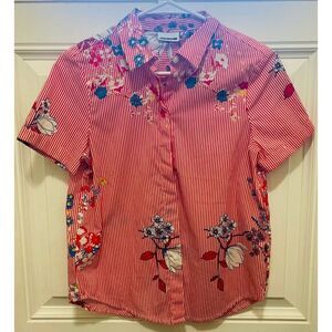 EUC Size S Noisy May Red Striped Floral Button Down Short Sleeve Blouse Summer